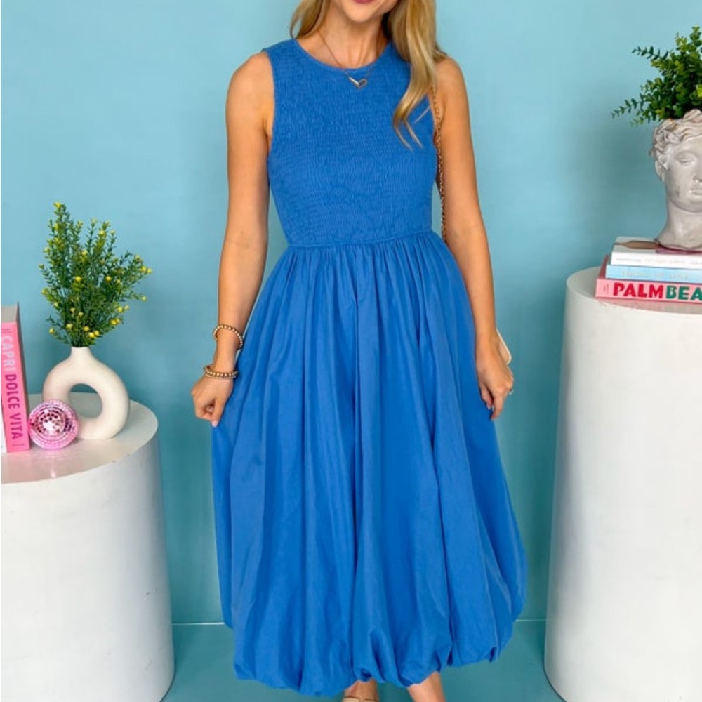 Blue Sleeveless Smocked Bodice Midi Dress